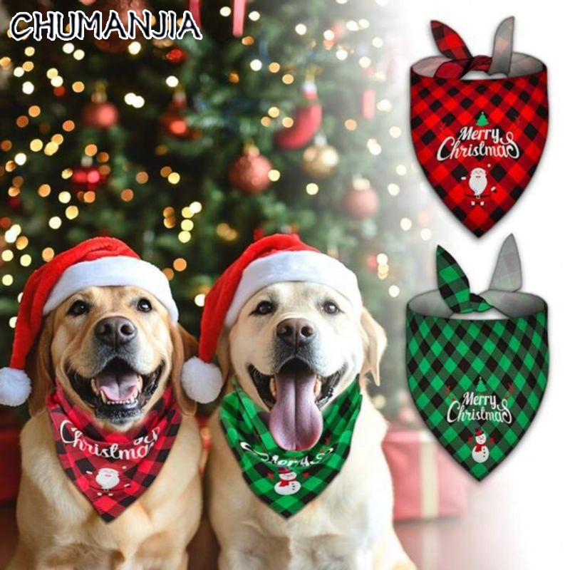 Chu Man Jia kẻ ca rô giáng sinh Khăn đeo cho thú cưng với ông già Noel và mẫu người tuyết cho chó và mèo