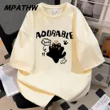 MPATHW  Áo thun tay lửng in hình mèo dễ thương dáng rộng phù hợp cả nam và nữ, thời trang mùa hè 2026 phong cách thoải mái