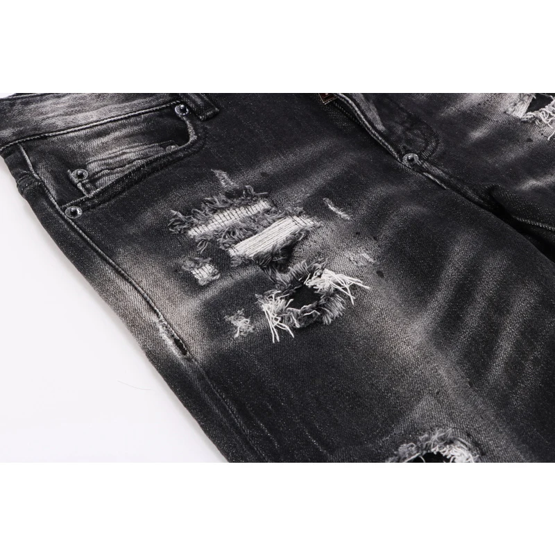 【A Popular】  Street Fashion Men Jeans Retro Black Gray Elastic Stretch Slim Fit Hole Ripped Jeans Men Patched Designer Hip Hop Brand Pants