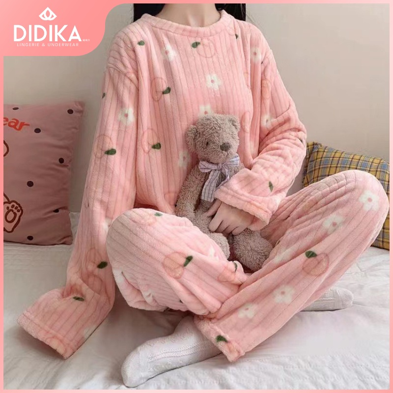 Didika Đồ ngủ đầm lông cừu san hô thường ngày dài tay quần áo nữ thời trang thu đông dễ thương