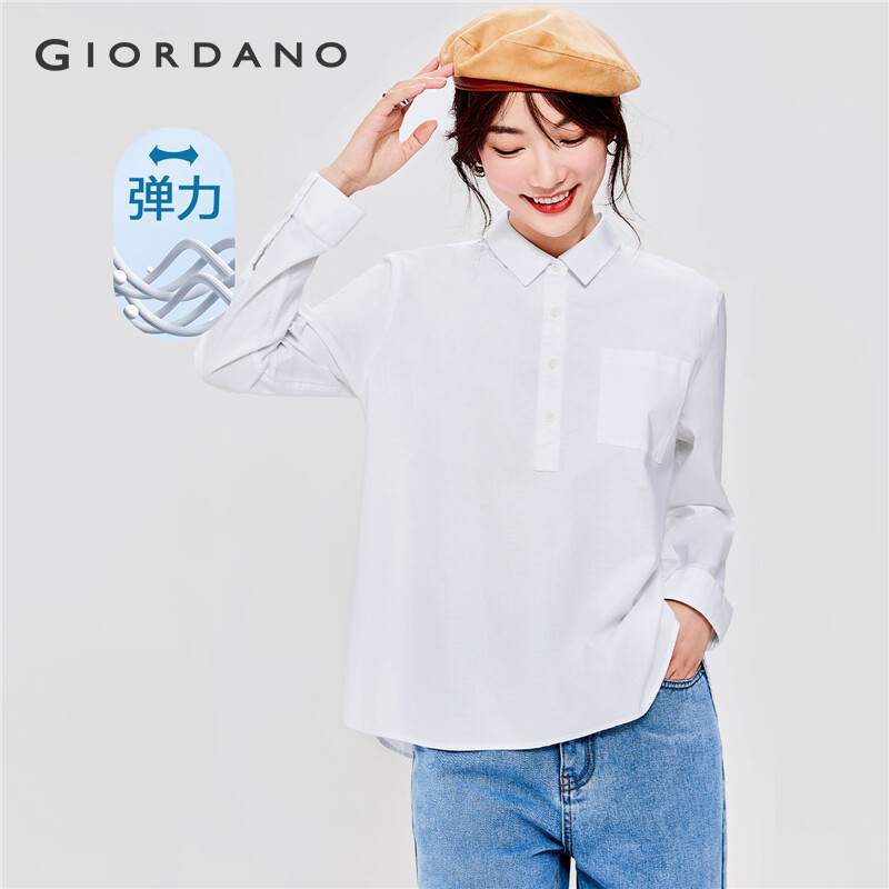 GIORDANO Women Shirts Long Sleeve Slight Stretchy Oxford Casual Shirts Half Placket Single Pocket Simple Relaxed Shirts 05342107 ราคา 759 บาท*ส่งฟรี