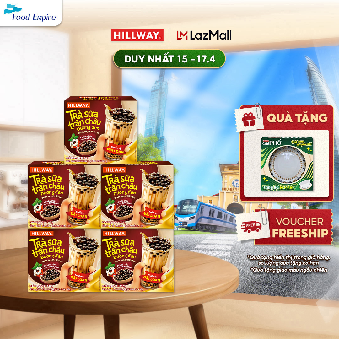 Combo 5 Trà sữa trân châu đường đen Hillway (4 gói trà sữa (28g) và 4 gói trân châu(30g))