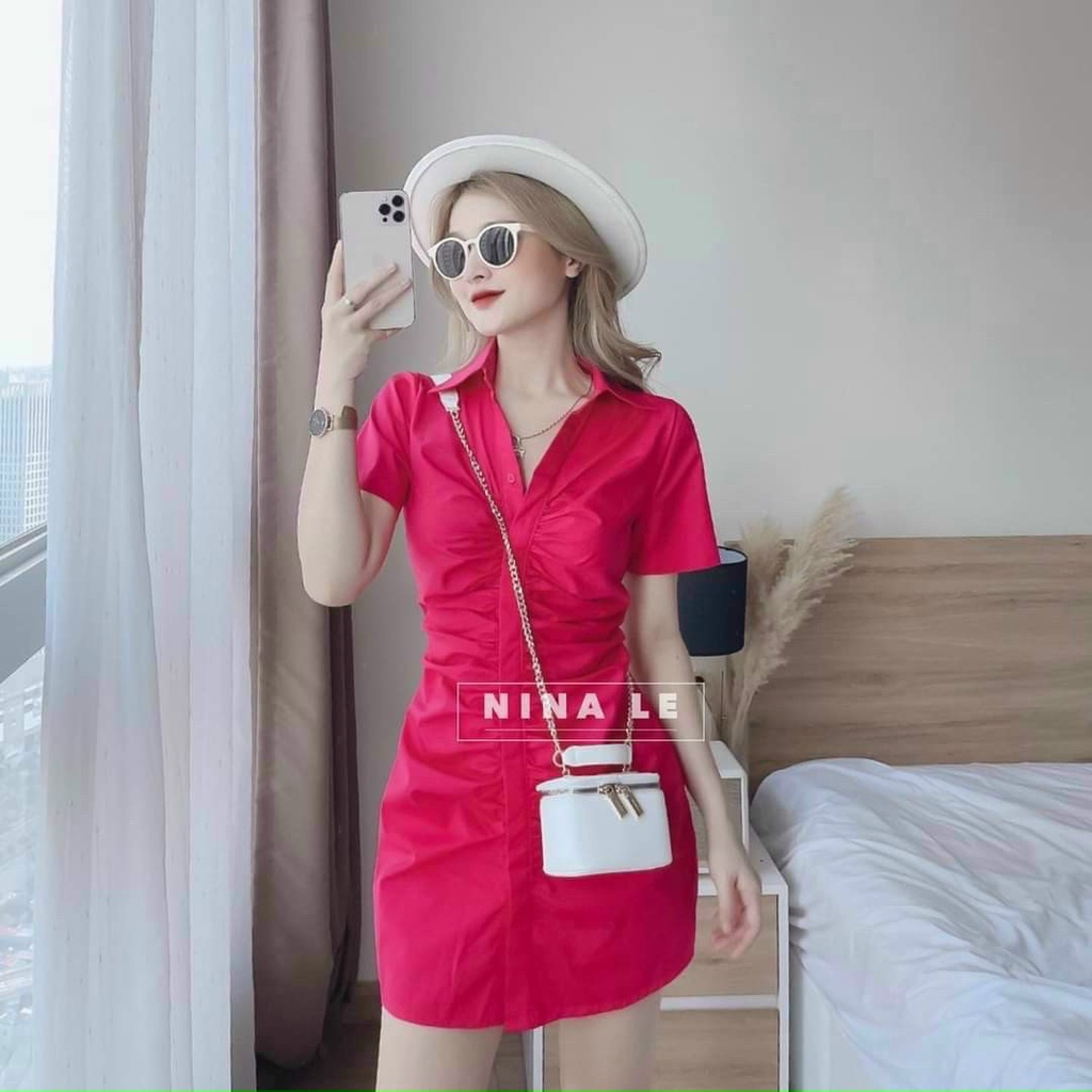 Đầm cổ sơ mi nhún eo cài nút thật, váy đi chơi trẻ trung, năng động