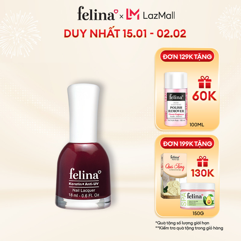 Sơn móng tay Felina Nail 18ml, màu đỏ nhung CN332, lên màu đẹp, dưỡng móng và chống tia UV
