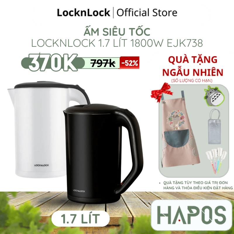 Ấm đun siêu tốc locknlock 2 lớp ejk738 1.7l 1800w, bình đun nước tự ngắt khi sôi, đế xoay 360 - hapos official
