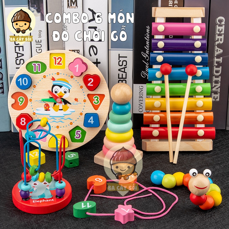 Combo 6 món đồ chơi gỗ Montessori thông minh phát triển trí tuệ cho bé.