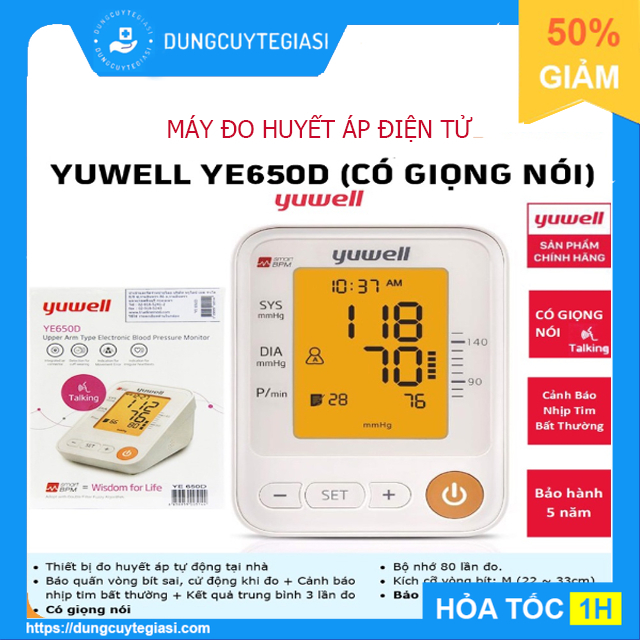 Máy đo huyết áp bắp tay Yuwell YE-650D YE 650D có giọng nói Tiếng Việt