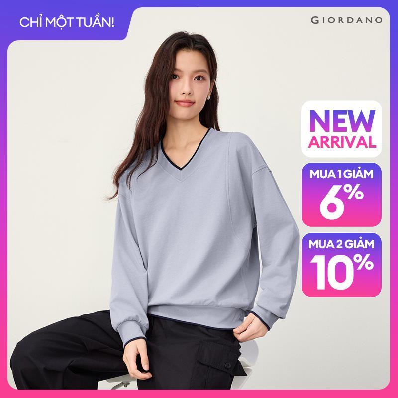GIORDANO Women Sweatshirts Fake Two-Piece Contrast Trim Sweatshirts V-Neck Fashionable Casual Relaxed Sweatshirts 13326646