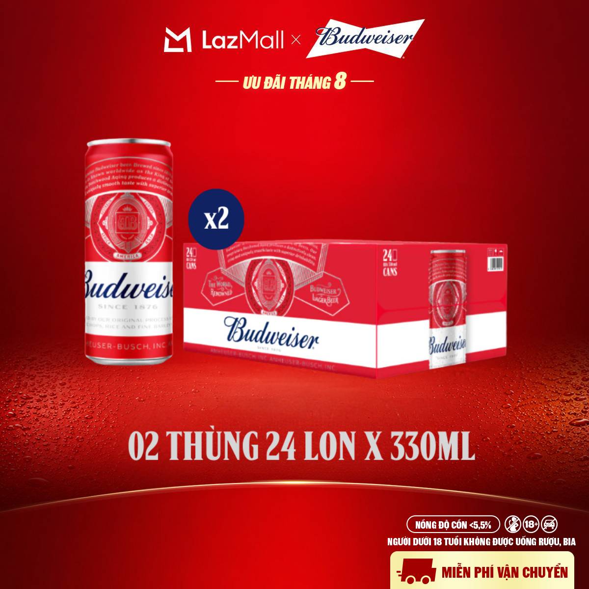 Combo 2 Thùng 24 Lon Bia Budweiser Sleek Can Chính Hãng (330ml/lon)