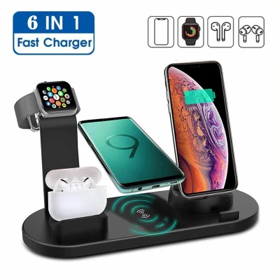 6 in 1 Wireless Charging pad Stand 10W Qi Wireless Fast Charger Dock Station Multi-port Charger Holder for Android Phone iPhone Watch Airpods