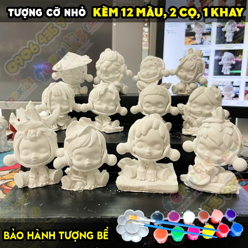 Tượng tô màu SET 12 SKULLPANDA HOA MẬN MỰC KÈM 12 MÀU 2 CỌ 1 KHAY size S tô tượng thạch cao đồ chơi 