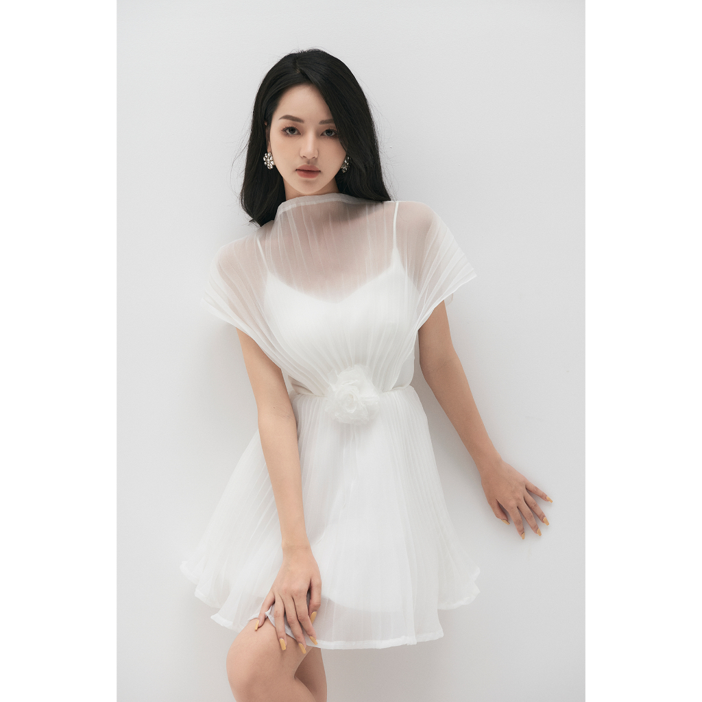 Đầm voan dập ly đính hoa màu trắng - xipi