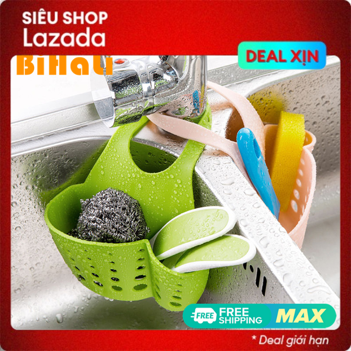 Bộ 2 giỏ đựng giẻ rửa bát BiHaLi bằng nhựa dẻo treo vòi rửa bát, vòi tắm