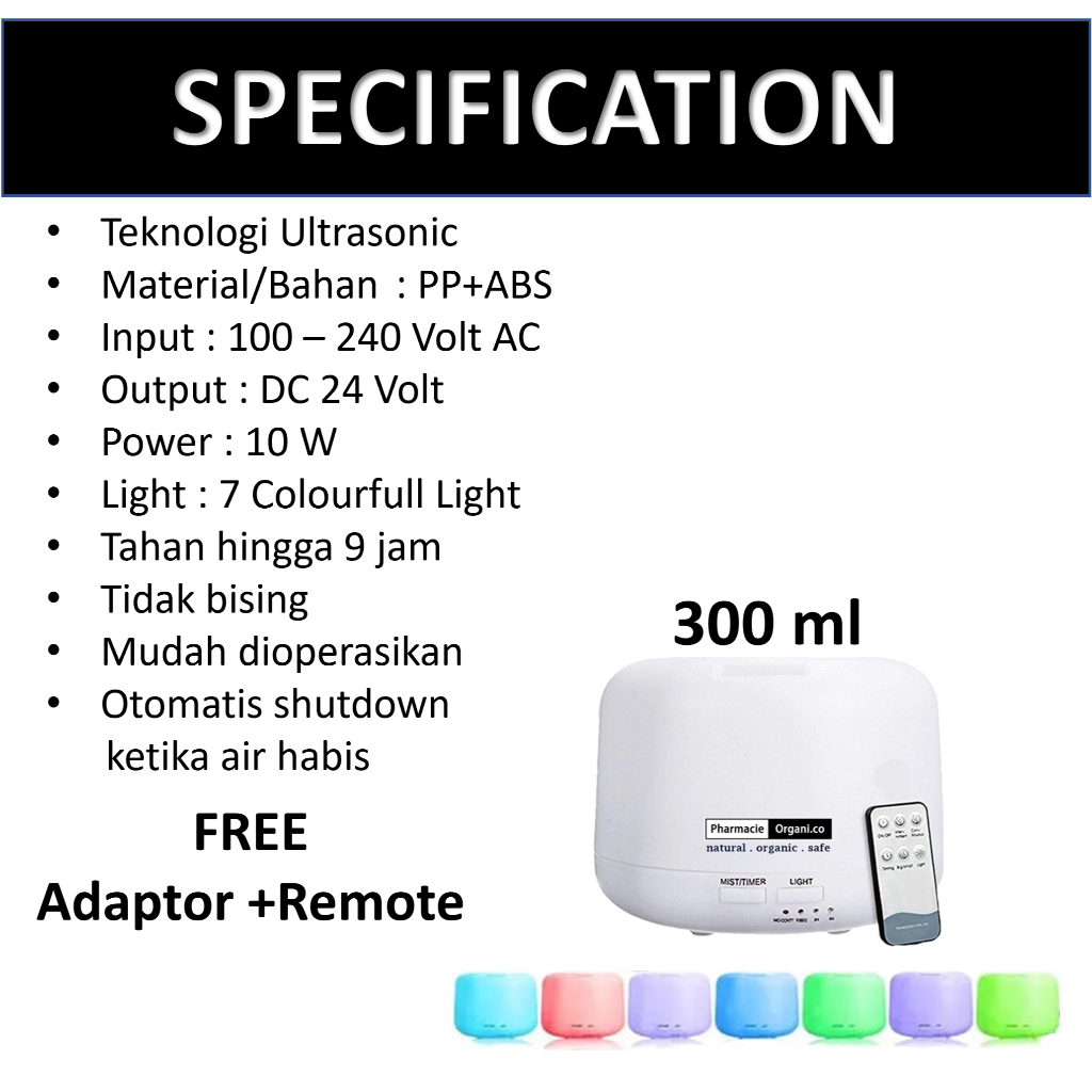 DIFFUSER HUMIDIFIER AROMATHERAPY 500ML FREE 4 ESSENTIAL OIL 10ML BY PHARMACIE ORGANICO GARANSI SEUMUR HIDUP