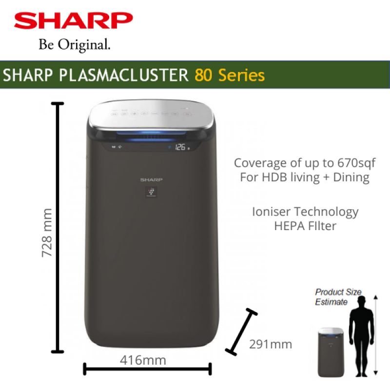 SHARP Air Purifier Ioniser Japanese Technology up to 62sqm coverage with HEPA Filter Fight Haze for large living room with Smartphone Control FP-J80E-H Singapore