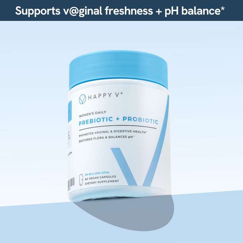 Happy V Prebiotic + Probiotic dành phụ nữ – Cân bằng độ pH đã được chứng minh lâm sàng, điều trị viêm âm đạo vi khuẩn, tự nhiên cho các bệnh nhiễm trùng do nấm men, 60 viên nang thuần chay, thực phẩm bổ sung hỗ trợ sức khỏe đường ruột.