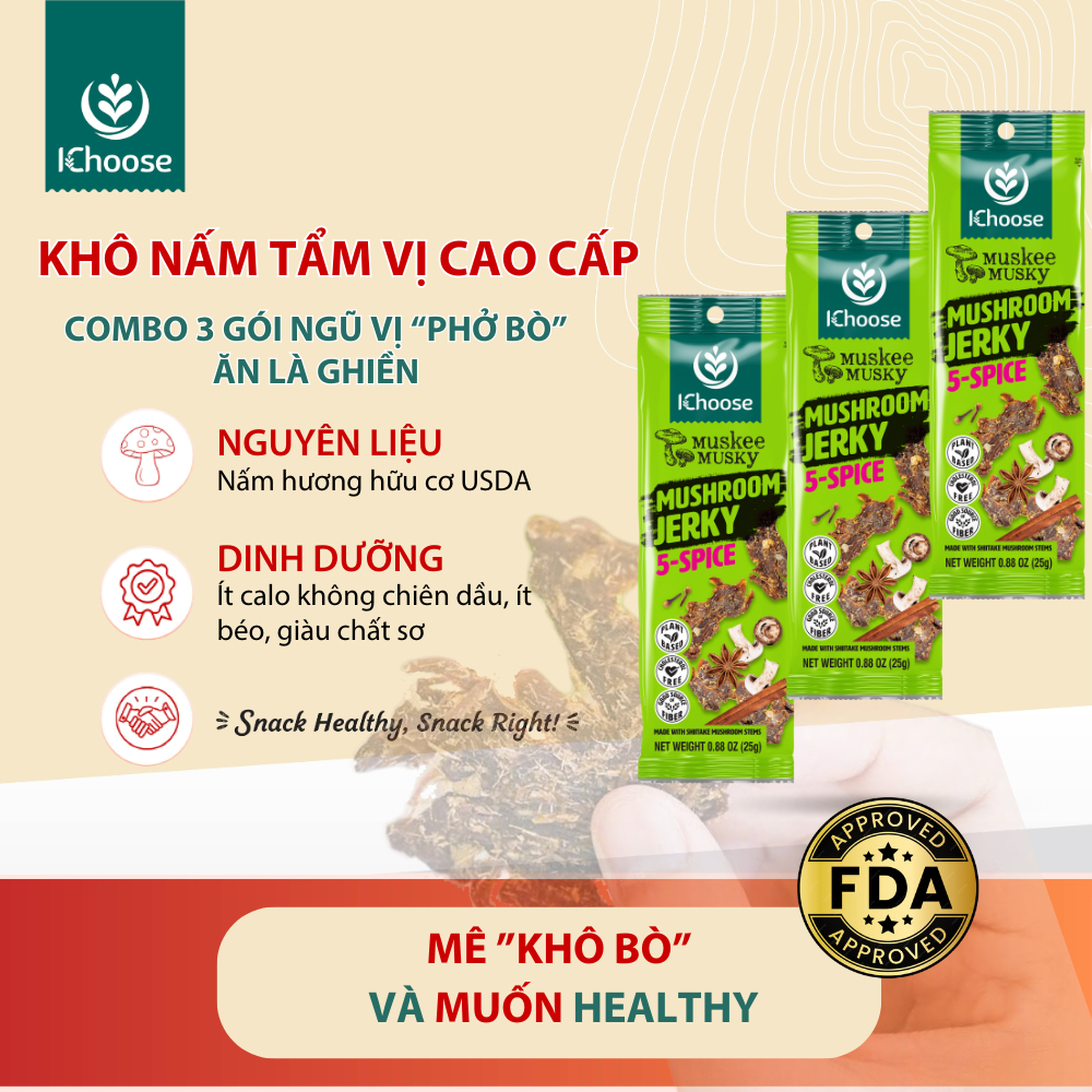 [COMBO SNACK TẾT LÀNH MẠNH] 3 gói khô nấm Ngũ vị hương cao cấp nhà IChoose, khô bò vegan healthy 25g
