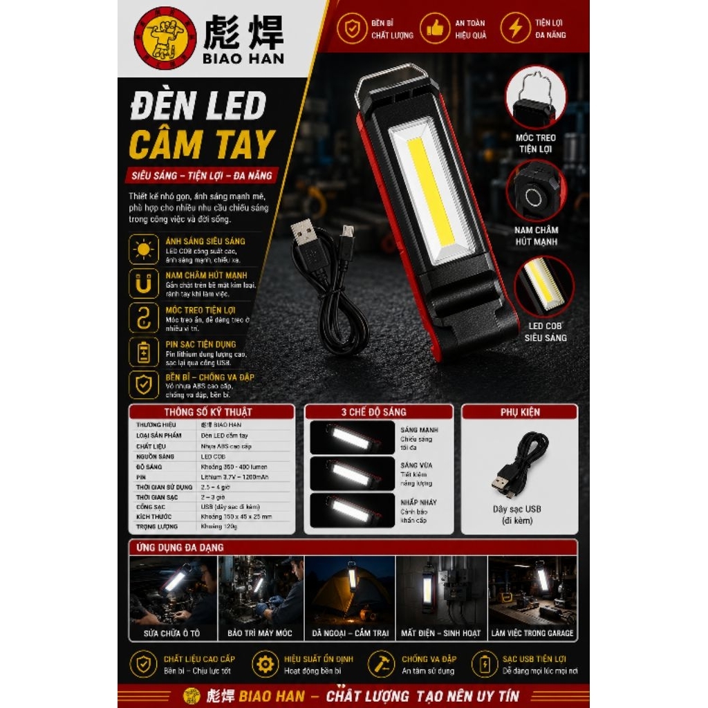 ĐÈN LED CẦM TAY SẠC USB BIAO HAN