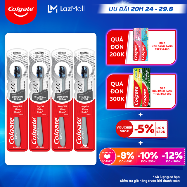 [Ưu đãi 20H 24.8 - 29.8_Áp voucher Colgate 5% + voucher LZD 8%]Bộ 4 bàn chải Colgate 360 than hoạt tính kháng vi khuẩn Charcoal Spiral lông chải xoắn kép