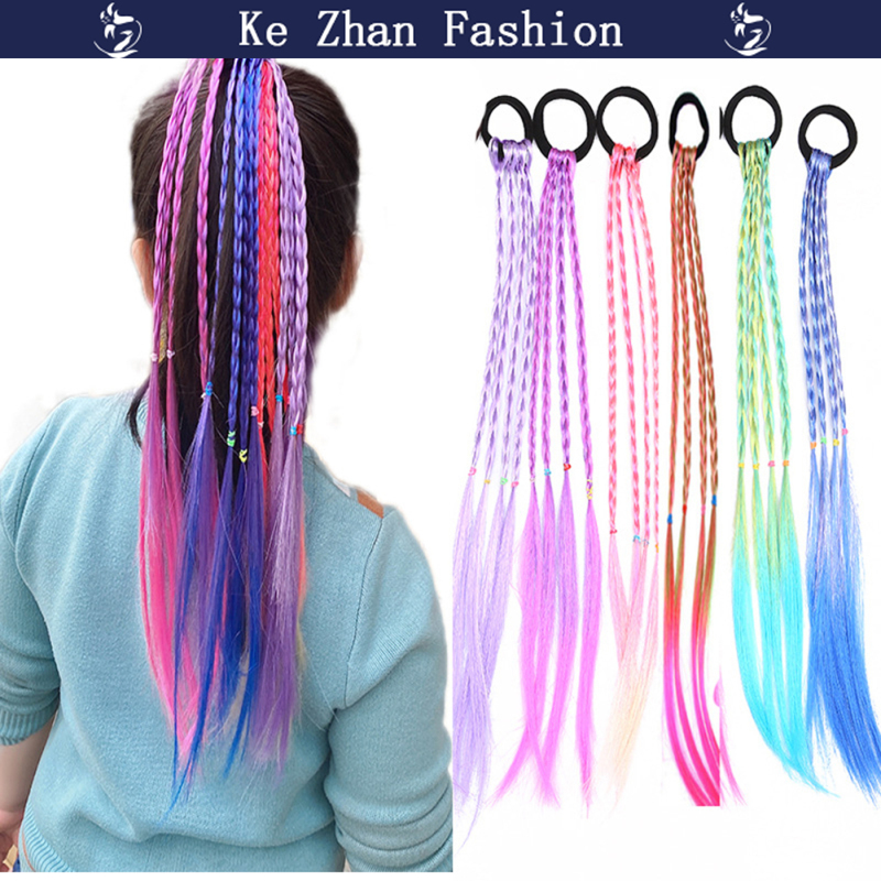 Ke Zhan Girls Wigs Colorful Gradient Braid Ponytail Headbands Hair Bands