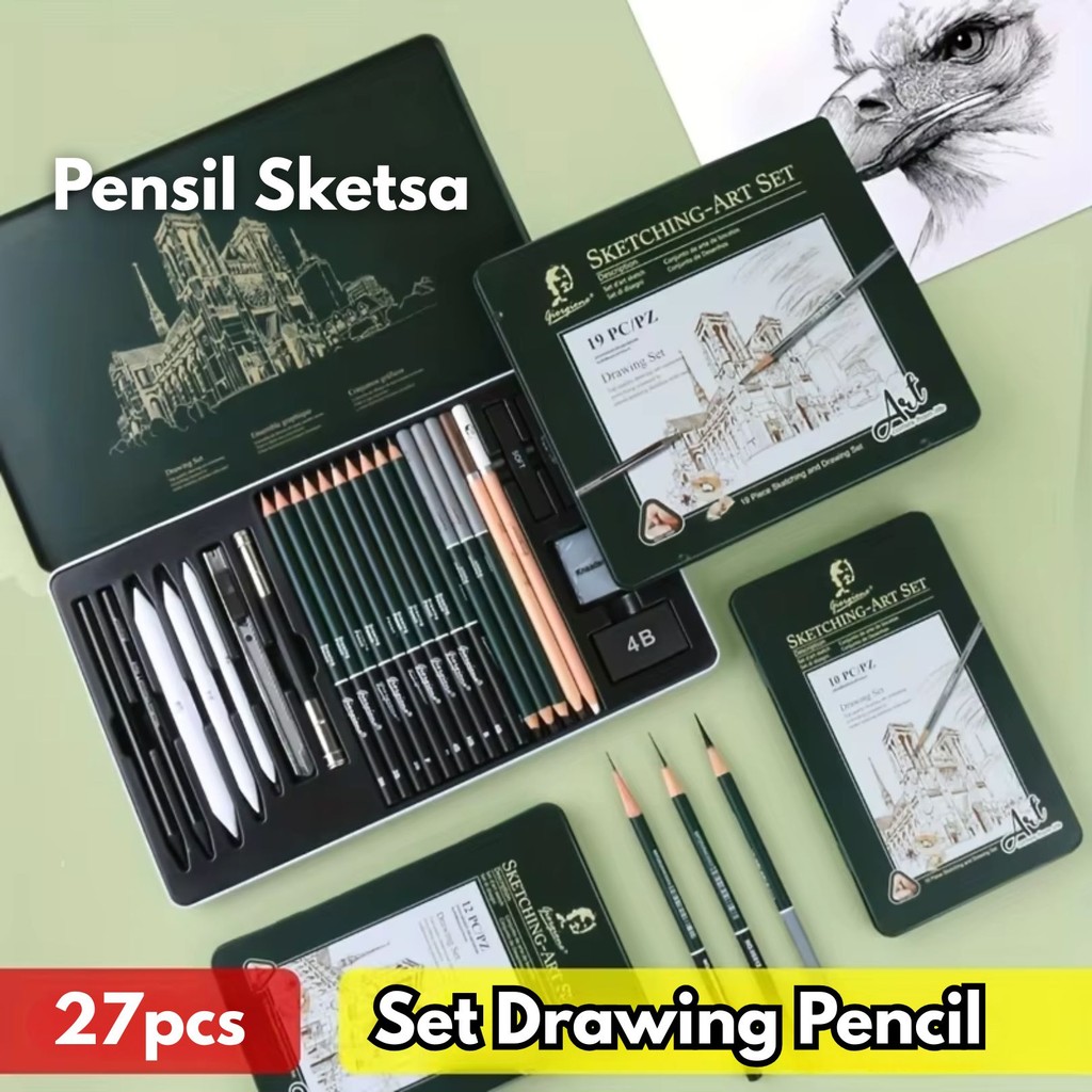 27pcs Giorgione Set Drawing BR081 Pencil Pensil Sketsa Sketch Tin Box Profesional Arang Penghapus