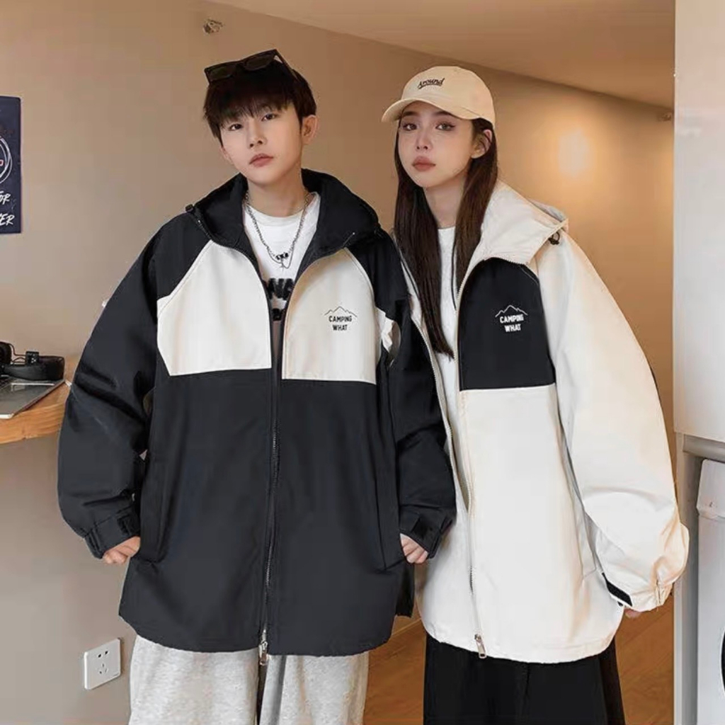 Áo khoác camping dài tay form rộng vải dù lớp cao cấp unisex - áo khoác dù có nón oversize nam/ nữ gid