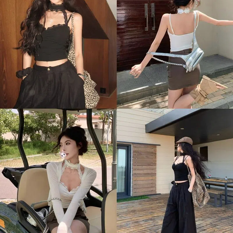 PUHHAPIEYเสื้อกล้ามสายคล้องคอเย็บลูกไม้สำหรับสาวฮอตบริสุทธิ์เสื้อใส่ด้านในใส่แล้วดูผอม ราคา 125 บาท*ส่งฟรี