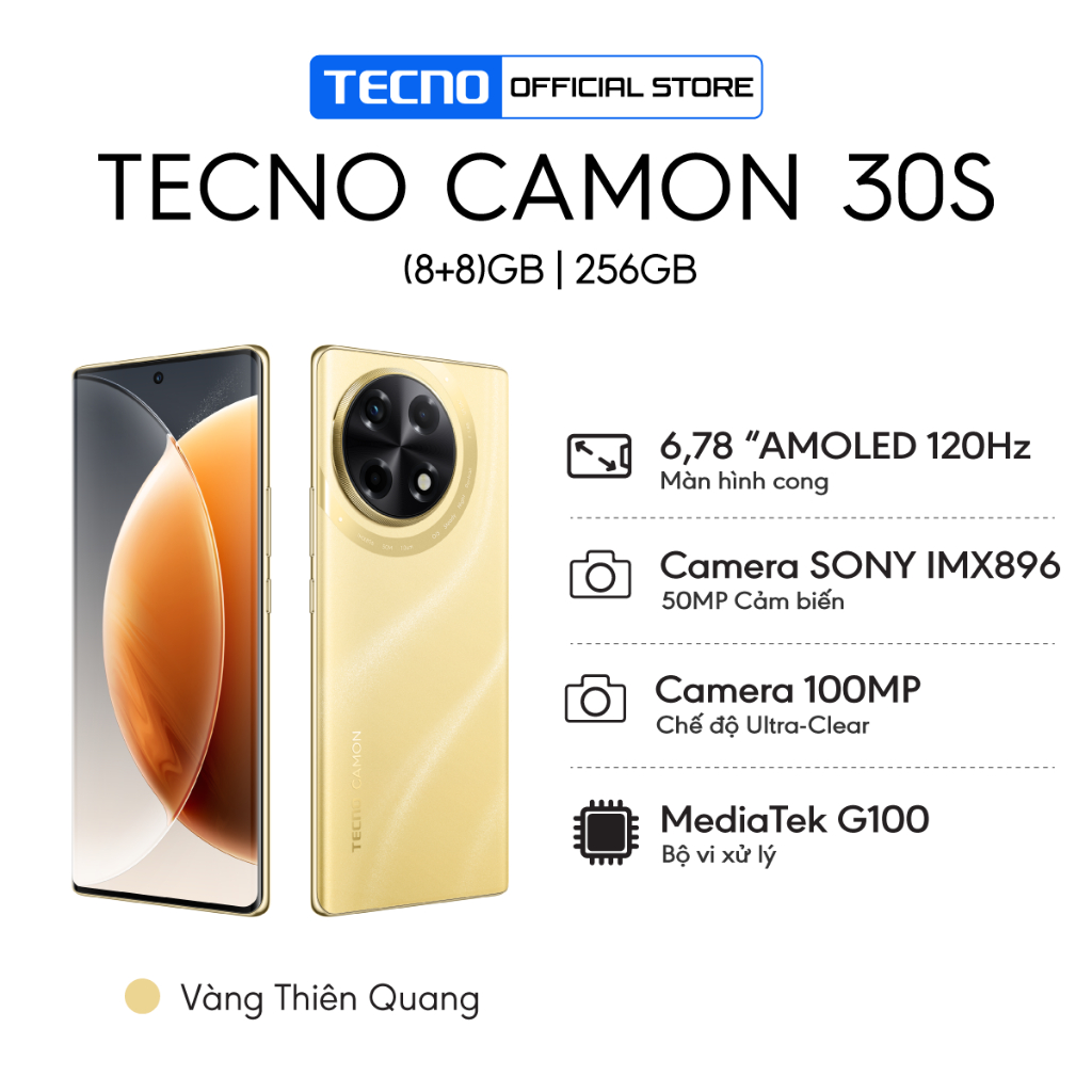 Điện thoại di động Tecno Camon 30S 8GB/256GB - Mediatek Helio G100 | 5000mAh | Sạc nhanh 33W | Hàng