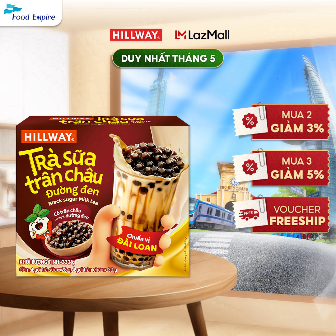 Trà sữa trân châu đường đen Hillway (4 gói trà sữa (28g) và 4 gói trân châu(30g))