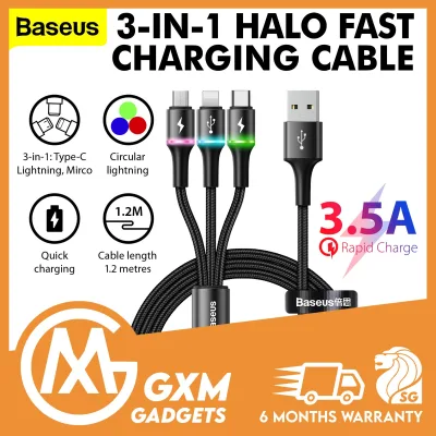 Baseus Halo 3-in-1 3.5A Color Light Type-C/Lightning/Micro USB Fast Charging Data Cable 1.2m Compatible For iPhone Samsung Xiaomi Huawei