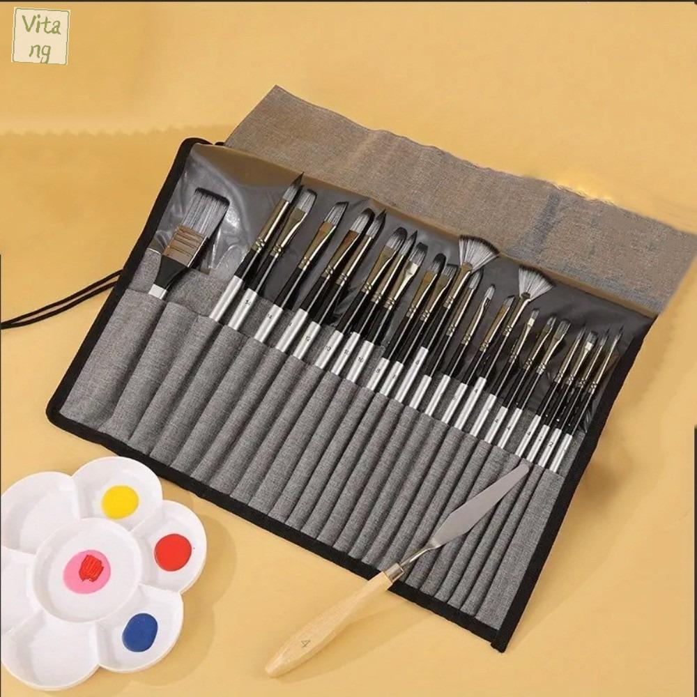 VITANG 24pcs/set Tóc nylon Bộ bàn chải nylon Nghệ thuật tự làm Tay cầm bằng gỗ Cọ vẽ nghệ sĩ Đồ dùng nghệ thuật với dụng cụ cạo Bộ cọ vẽ Tranh acrylic