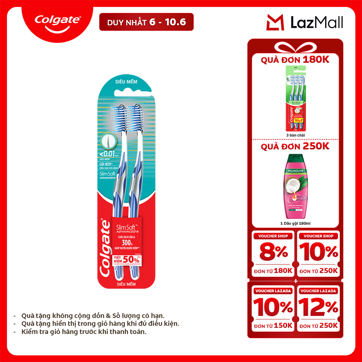 [Chỉ 6-10.6_X2 Voucher giảm 22%] Bàn chải Colgate Slimsoft Advanced ngăn chảy máu nướu siêu mềm mảnh