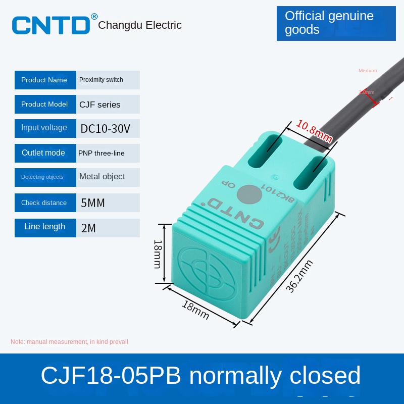 Cảm Biến Tiệm Cận CJF18-05PB CNTD | Tùy Chọn CJF18-05NA/NB/PA/PB/LA - NPN/PNP, 3 Dây DC, Phát Hiện Kim Loại 5-15mm Cho Tự Động Hóa