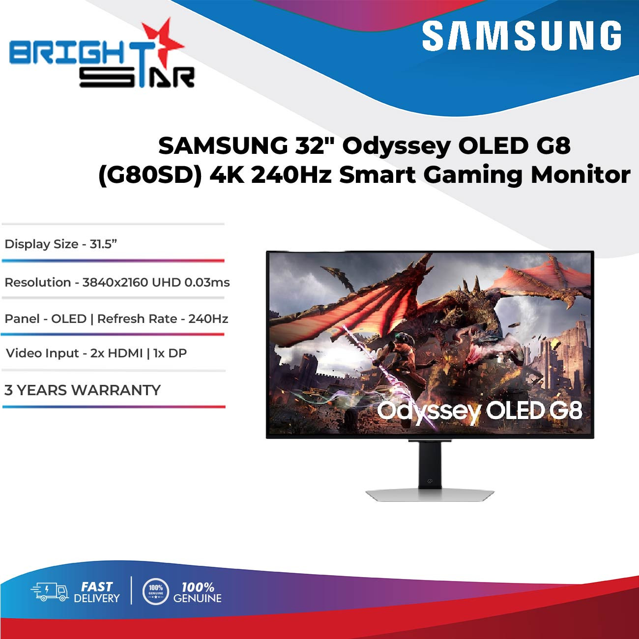 SAMSUNG 32" Odyssey OLED G8 (G80SD) 4K 240Hz Smart Gaming Monitor (2x HDMI/1x DP)