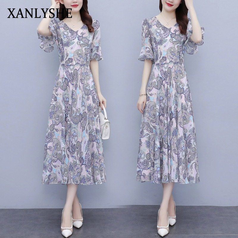 XANLYSHE ชุดเดรสผ้าไอซ์ซิลซ์ลายดอกไม้สวยหวานสำหรับฤดูร้อนกระโปรงยาวทรงใหญ่เก็บเอวใส่แล้วดูผอมสไตล์ตะวันตกลดอายุ ราคา 133 บาท*ส่งฟรี