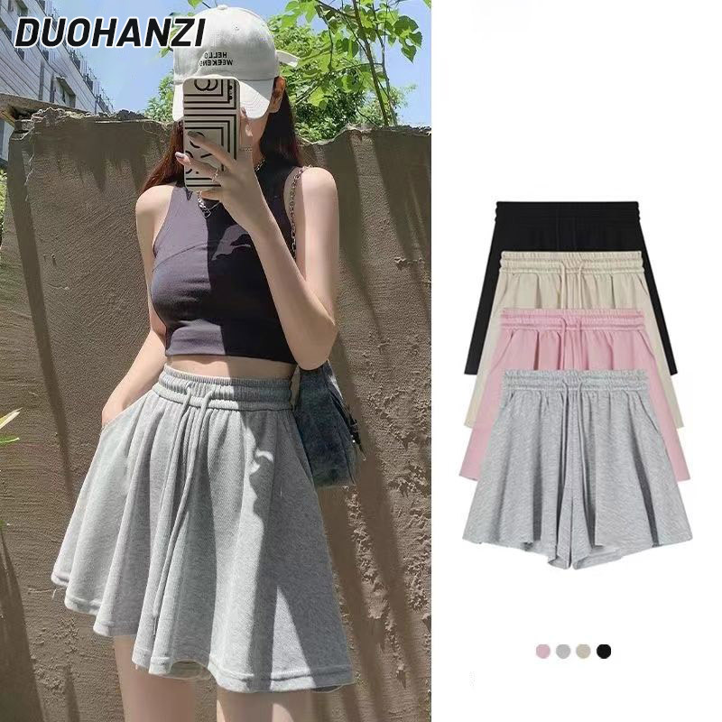 DUOHANZI quần short thể thao, quần Hot Phong Cách ba lê mùa hè, quần chân rộng màu xám cạp cao, phong cách Hàn Quốc, quần rộng mỏng, hợp thời trang