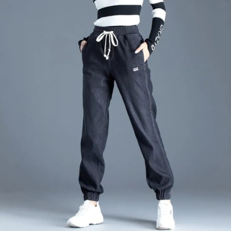 Quần jean tối màu cotton Thiết kế cạp cao dáng rộng quần Harlan Thắt lưng co giãn nữ quá khổ 3bp0587