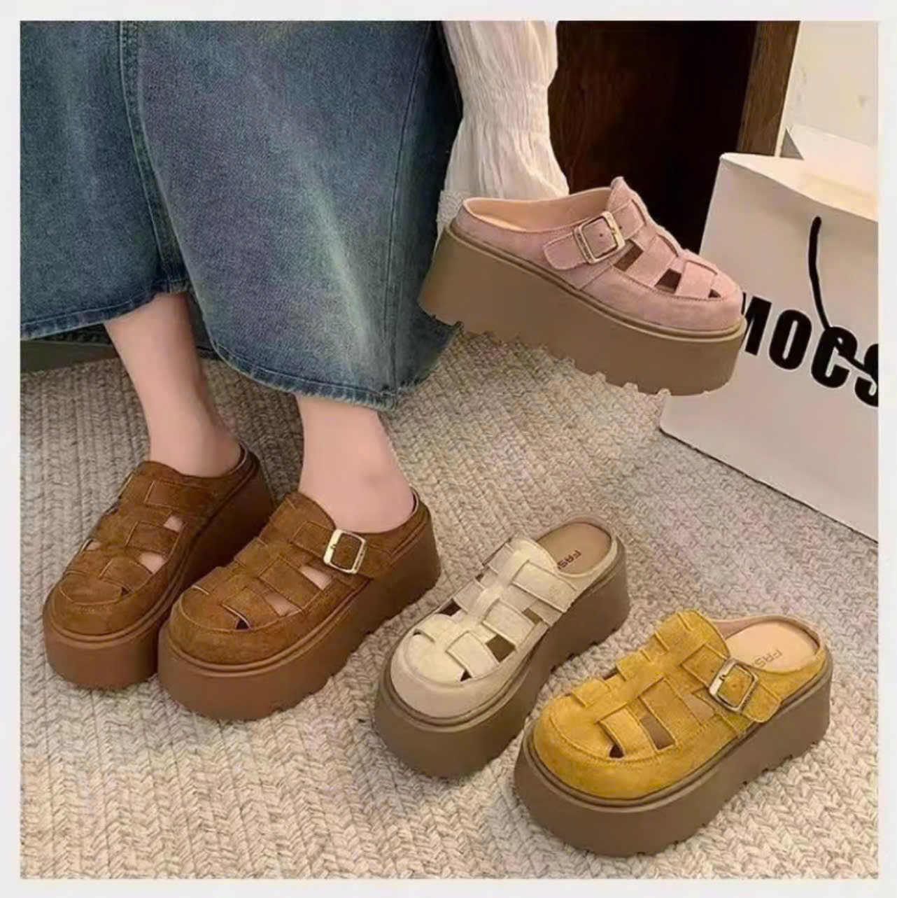 (Chuẩn size )Sục rọ Quai DA Nữ Đế Cao 7-8Cm Dép Sục Rọ Đế Bánh Mì Siêu Xinh Dép Sục Rọ đế cao 7p ( chất Nỉ có khuy)