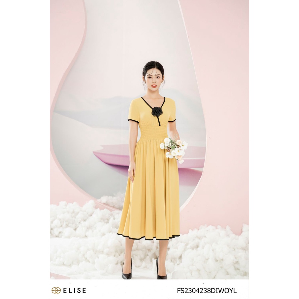 Đầm vàng cổ v viền đen chun eo thiết kế elise fs2304238diwoyl