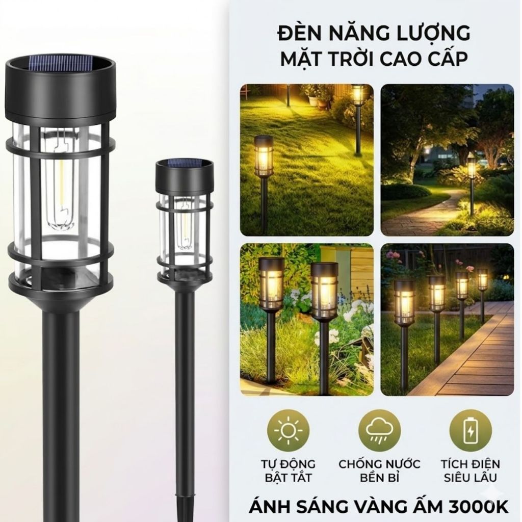 Đèn Cắm Cỏ Sân Vườn Năng Lượng Mặt Trời Sunny Decor, Đèn Sân Vườn Trụ Tròn Chiếu Sáng Sân Vườn thông minh