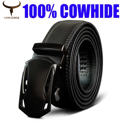 COWATHER Men Ratchet Click Leather Dress Belts, 100% Genuine Leather Casual Belt for Men with Metal Automatic Lock/Sliding Buckle, Trims to Fit