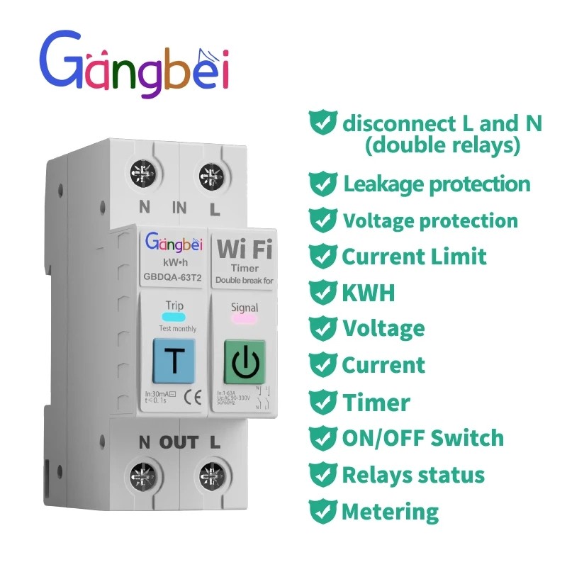 Wifi Smart Switch Remote Control Circuit Breaker L+N Timer Relay over and under Voltage Overload Protection Adjustable