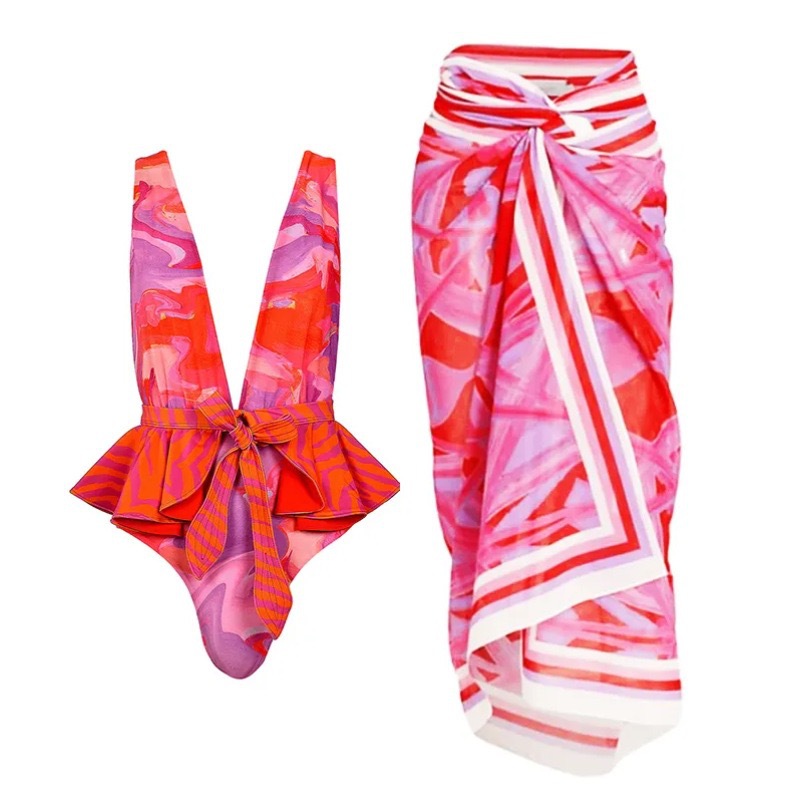 European and American retro new one piece swimsuit women's deep V lace up chiffon skirt set