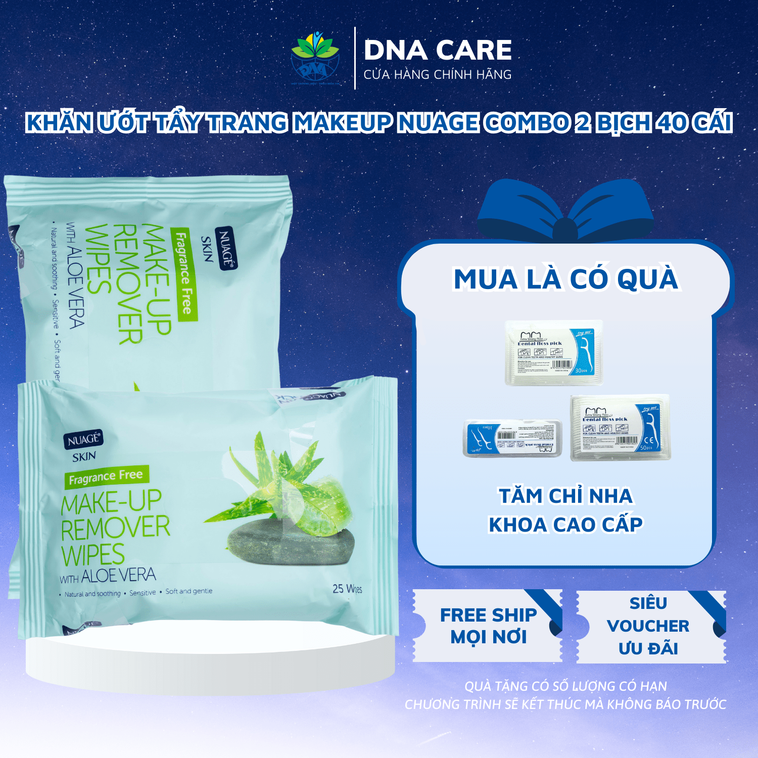 Khăn ướt tẩy trang makeup Nuage combo 2 bịch 40 miếng