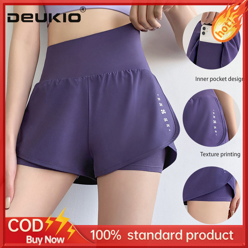 DEUKIO Fitness women's sports running yoga pants fake two-piece anti-exposure three-point shorts high-waist buttocks and breathable ราคา 164 บาท*ส่งฟรี