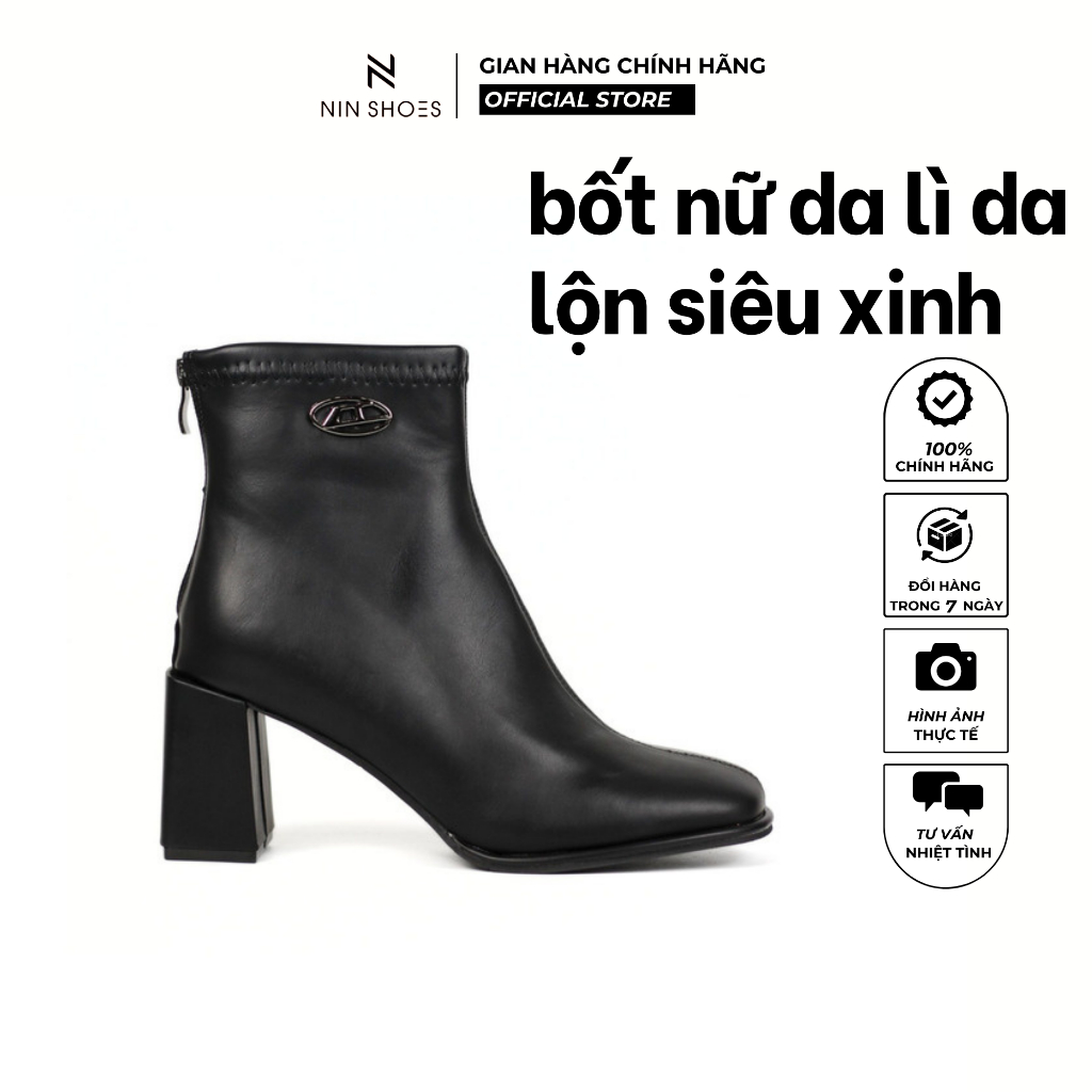 Giày bốt nữ cao cổ Ninshoes bốt nữ đế cao mũi vuông chất liệu da trơn mềm mại lót lông siêu ôm chân
