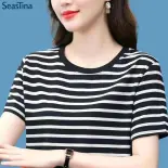 Seastina  Áo phông nữ ngắn tay Mới Áo cổ tròn kẻ sọc rộng dễ phối