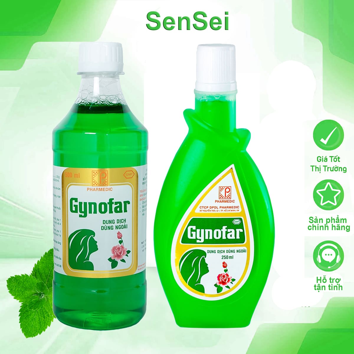 Dung dịch vệ sinh Gynofar màu xanh nước rửa phụ khoa, giảm mụn lưng