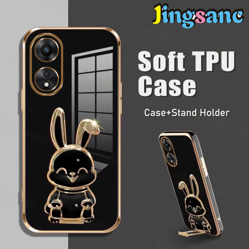 Jingsanc Ốp giá đỡ cho Oppo A38/OPPO A18 vỏ điện thoại dễ thương Silicone mạ điện với giá đỡ thỏ Ốp lưng silicon mềm cho Oppo A38/A18 A01-1