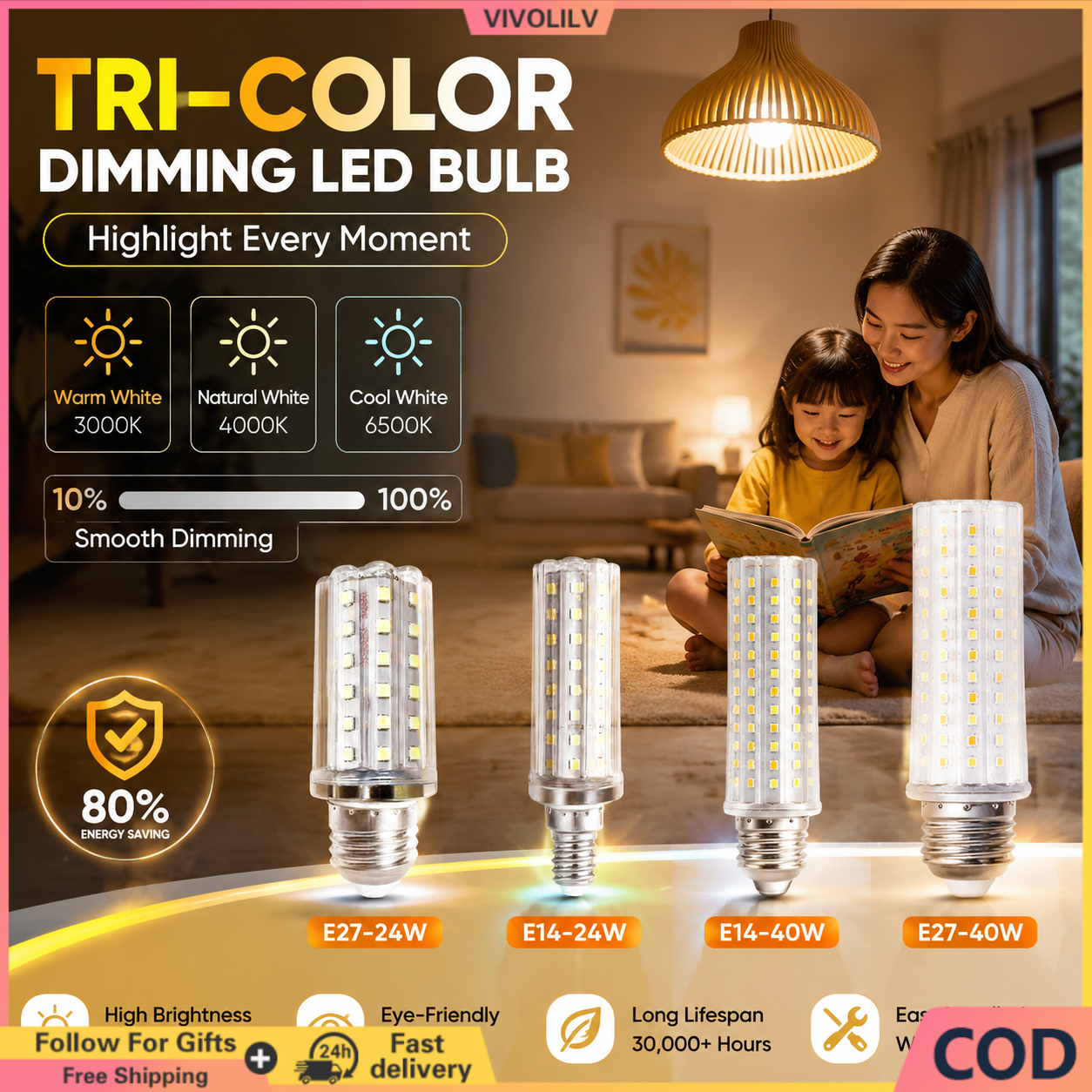 Kangle E27 E14 LED Bulb Super Bright LED Corn Lamp Tri-color Dimming Highlight Bedroom Living Room Decorative Chandelier Wall Lamps Light Source ราคา 39 บาท*ส่งฟรี